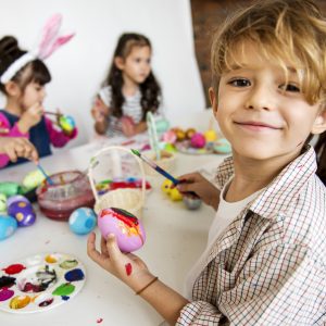 Group of kids painting easter eggs Happiness group of cute and adorable children prepare for easter